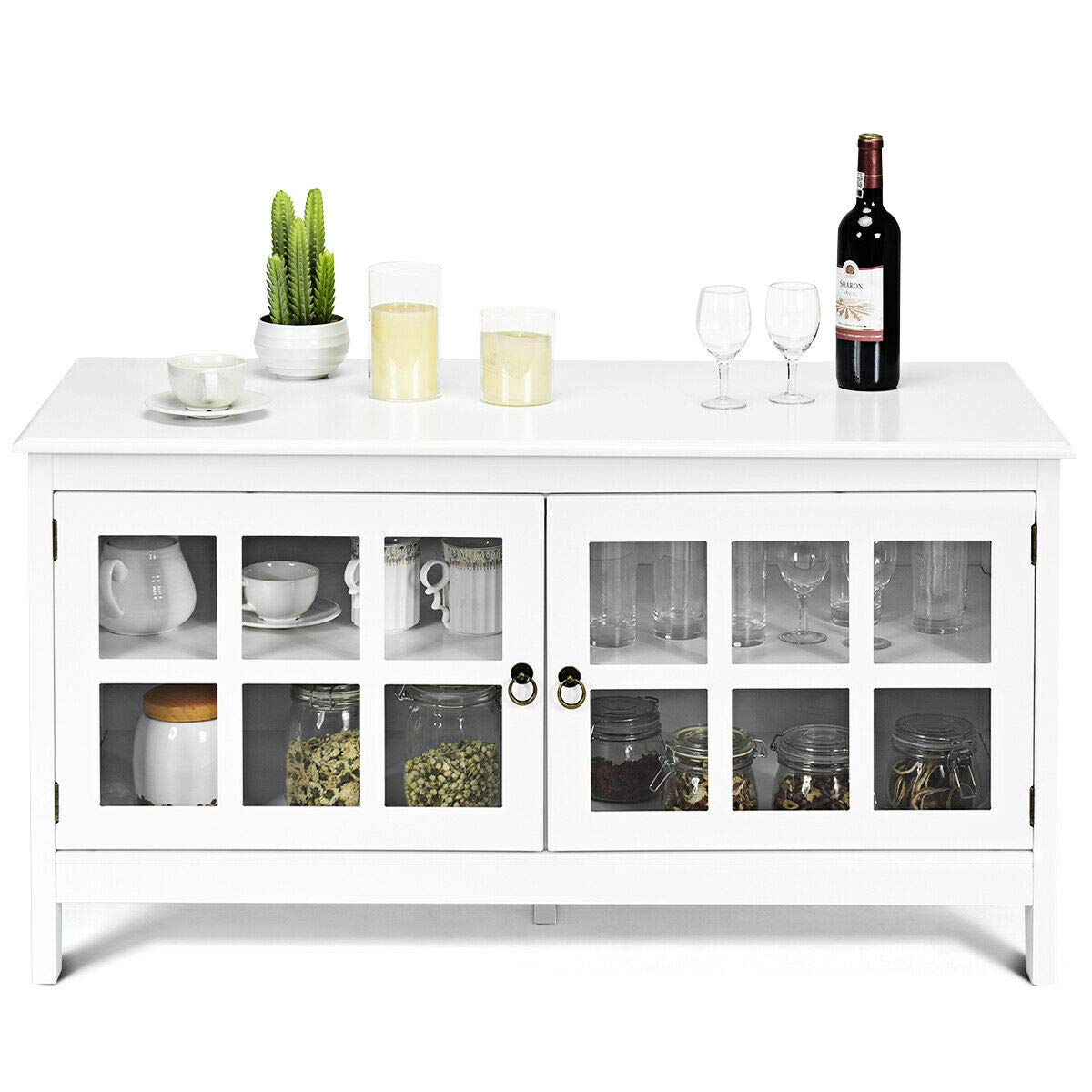 White 50" TV Stand Unit Entertainment Media Console Cabinet 2 Glass Doors 4 Storage Shelves 5 Support Legs Home Office Living Room Bedroom Family Room Furniture Interior Décor Sturdy Durable