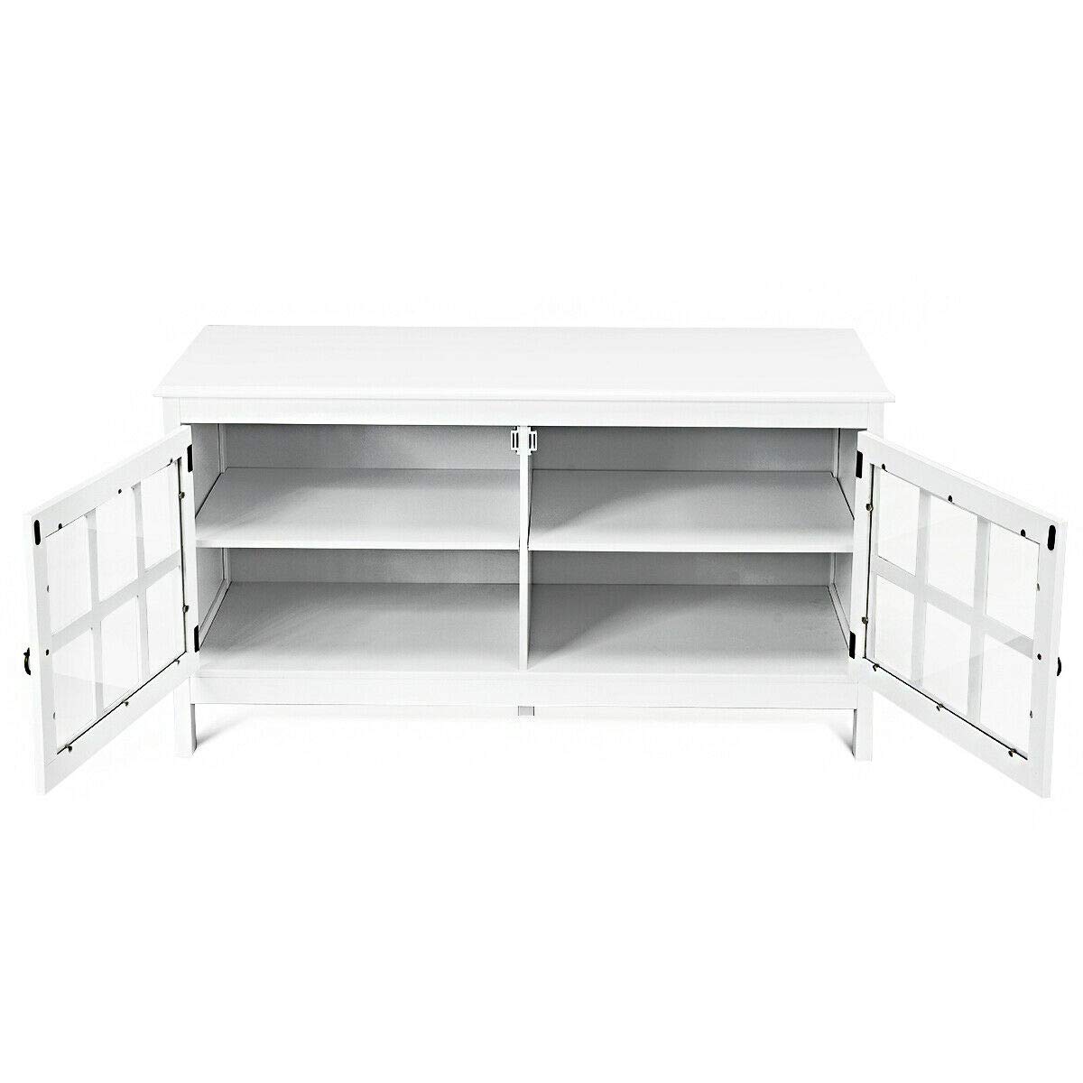 White 50" TV Stand Unit Entertainment Media Console Cabinet 2 Glass Doors 4 Storage Shelves 5 Support Legs Home Office Living Room Bedroom Family Room Furniture Interior Décor Sturdy Durable