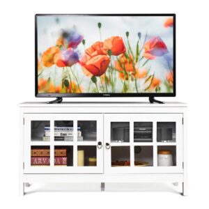 White 50" TV Stand Unit Entertainment Media Console Cabinet 2 Glass Doors 4 Storage Shelves 5 Support Legs Home Office Living Room Bedroom Family Room Furniture Interior Décor Sturdy Durable