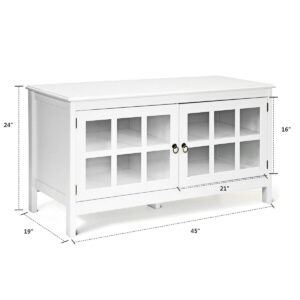 White 50" TV Stand Unit Entertainment Media Console Cabinet 2 Glass Doors 4 Storage Shelves 5 Support Legs Home Office Living Room Bedroom Family Room Furniture Interior Décor Sturdy Durable