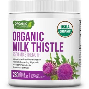 organic discounters milk thistle capsules, 280 count, 7500 mg strength, potent 30:1 extract, usda certified organic, rich in silymarin flavonoids, vegan, non-gmo and all-natural