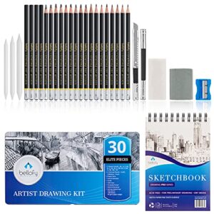 Bellofy Artist Drawing Set Sketching Drawing Kit -100 Sheet Sketchbook - Variety of Sketch/Charcoal Pencils Set for Drawing - Shading Pencils For Sketching from 3H-12B - 30 piece - Erasers & Sharpener