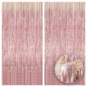katchon, iridescent rose gold fringe curtain - 3.2x8 feet, pack of 2 | rose gold backdrop curtain for rose gold birthday decorations | irridescent rose gold streamers | bachelorette party decorations