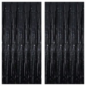katchon xtralarge foil black streamers - 3.2x10 feet, pack of 2 | black backdrop for black birthday decorations | black backdrop curtain, black fringe backdrop for graduation decorations class of 2024