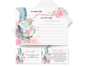 25 pink elephant jungle baby shower invitations and envelopes (large size 5x7 inches), 25 diaper raffle tickets, 25 baby shower book request cards, floral elephant animal invites for girl baby showers