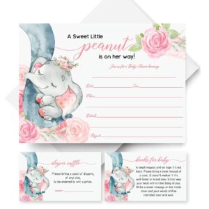 25 Pink Elephant Jungle Baby Shower Invitations and Envelopes (Large Size 5X7 INCHES), 25 Diaper Raffle Tickets, 25 Baby Shower Book Request Cards, Floral Elephant Animal Invites for Girl Baby Showers