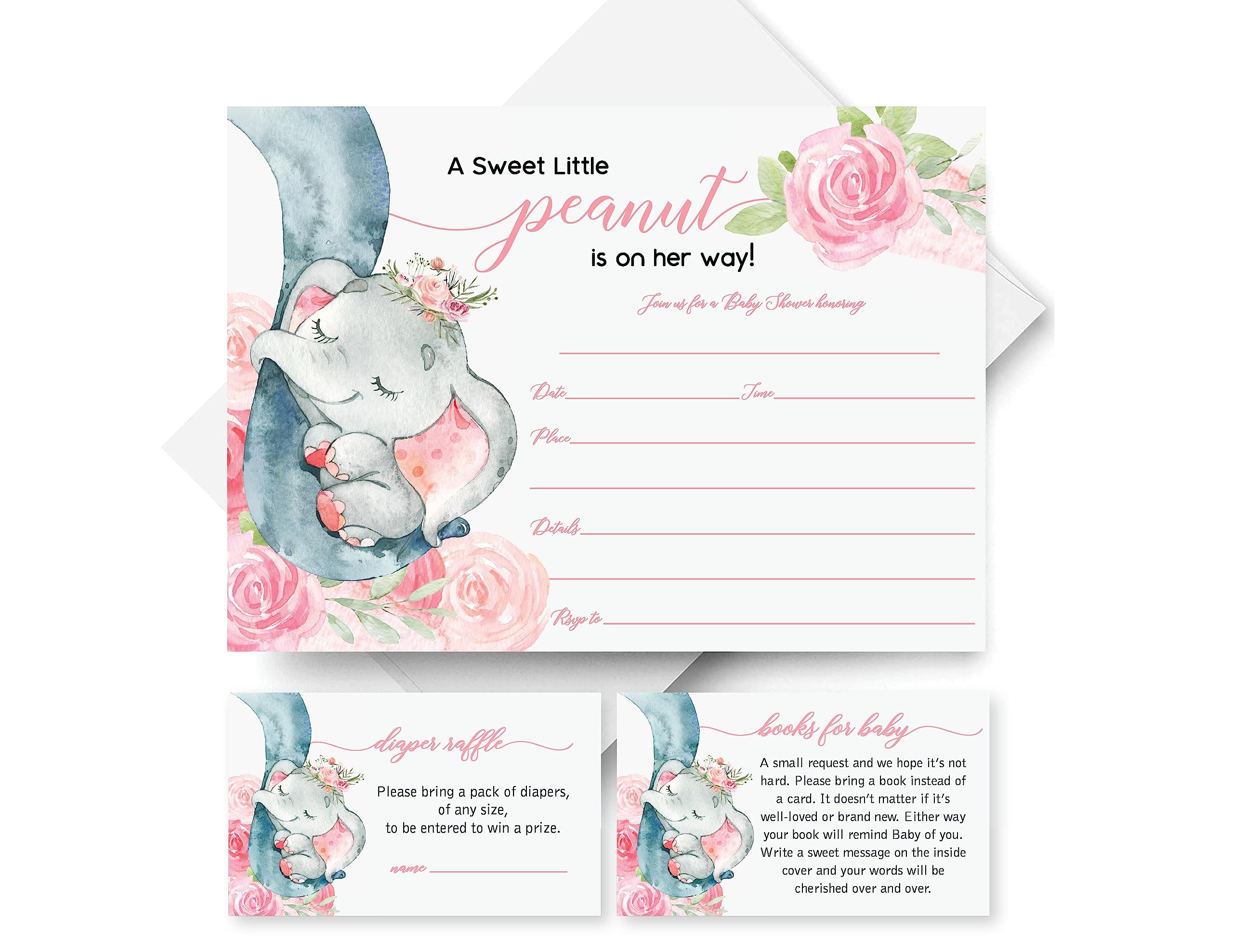 25 Pink Elephant Jungle Baby Shower Invitations and Envelopes (Large Size 5X7 INCHES), 25 Diaper Raffle Tickets, 25 Baby Shower Book Request Cards, Floral Elephant Animal Invites for Girl Baby Showers