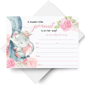 25 Pink Elephant Jungle Baby Shower Invitations and Envelopes (Large Size 5X7 INCHES), 25 Diaper Raffle Tickets, 25 Baby Shower Book Request Cards, Floral Elephant Animal Invites for Girl Baby Showers