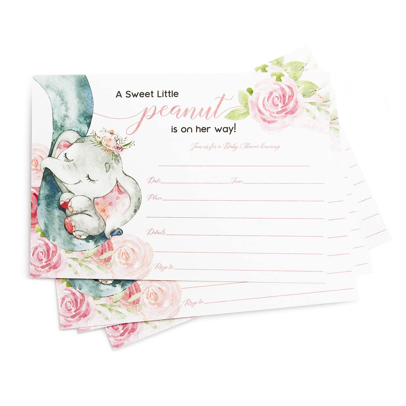 25 Pink Elephant Jungle Baby Shower Invitations and Envelopes (Large Size 5X7 INCHES), 25 Diaper Raffle Tickets, 25 Baby Shower Book Request Cards, Floral Elephant Animal Invites for Girl Baby Showers