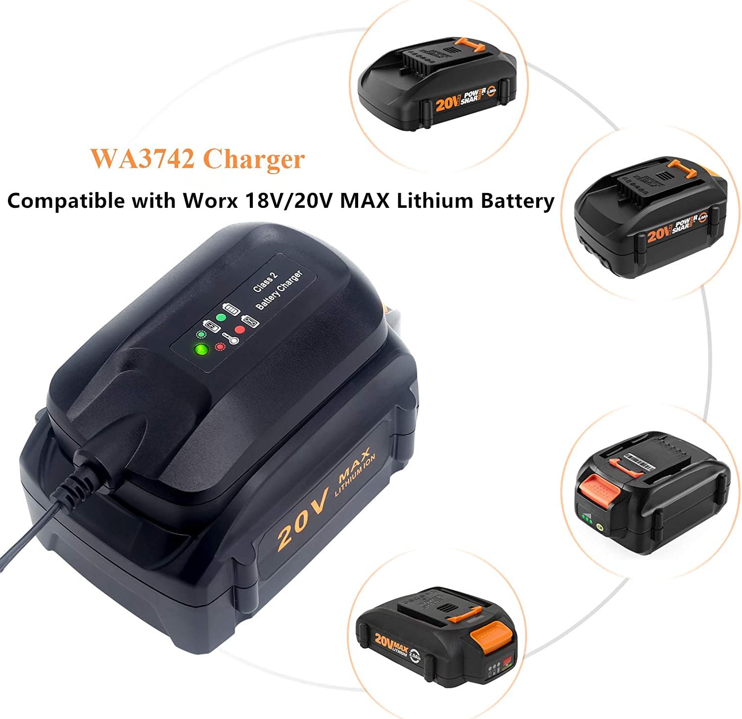 Yongcell WA3742 Charger Replacement for Worx WA3732 WA3875 Charger Compatible with Worx 18V 20V Lithium Power Share Battery WA3520 WA3525 WA3575 WA3578 WA3512.1