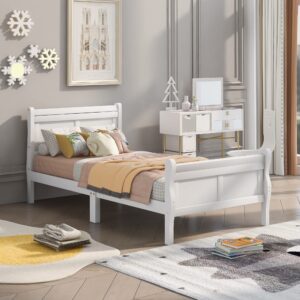 cjlmn wood bed frame twin size platform bed with headboard footboard wooden slat support mattress foundation bedroom furniture (white)