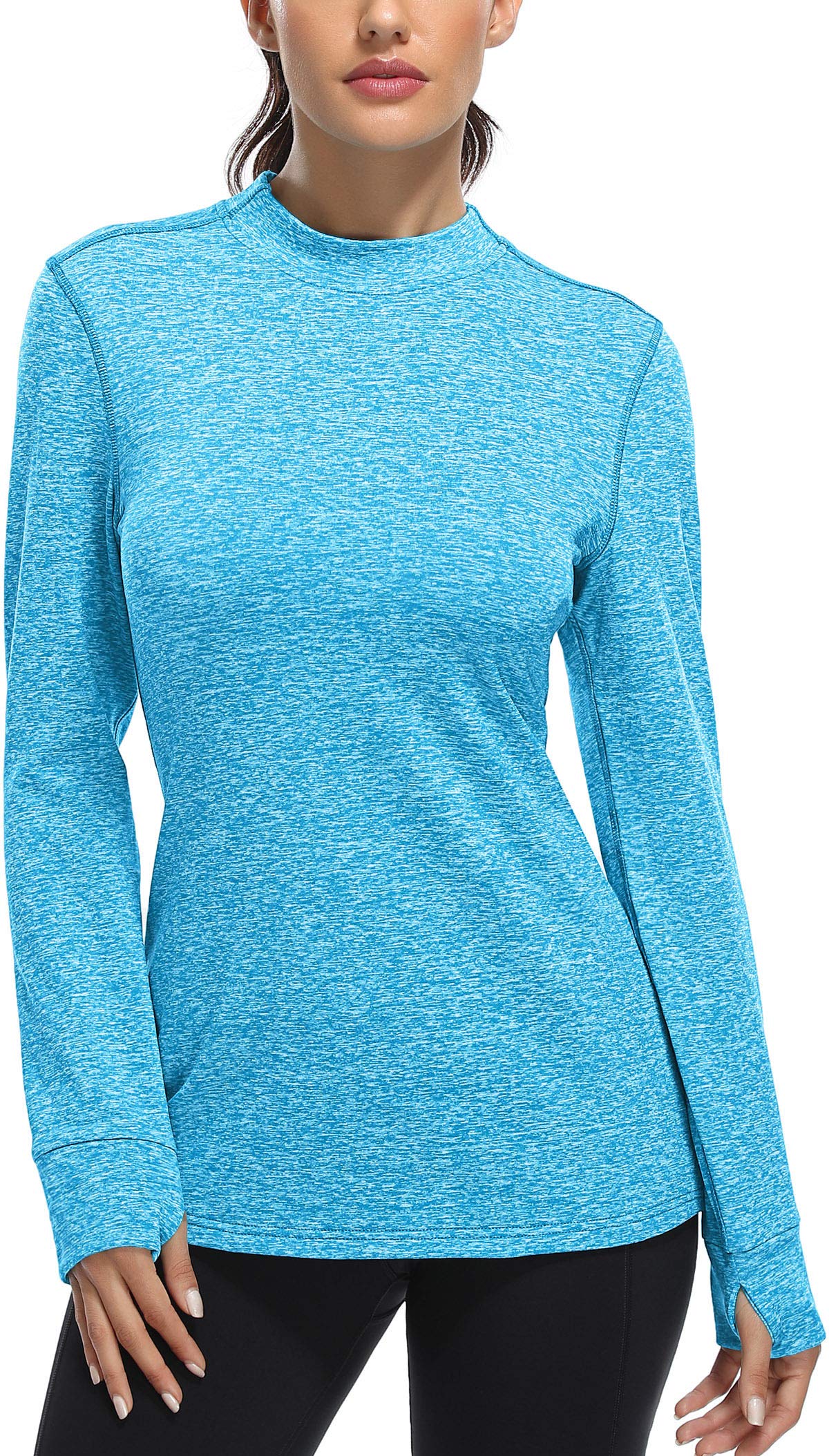 Fulbelle Thermal Fleece Lined Workout Warm Shirts Women, Mock Neck Thumb Holes Running Tops,Long Sleeve Ladies Exercise Athletic Running Gym Fitness Yoga Sweatshirts Winter Clothes Blue X-Large