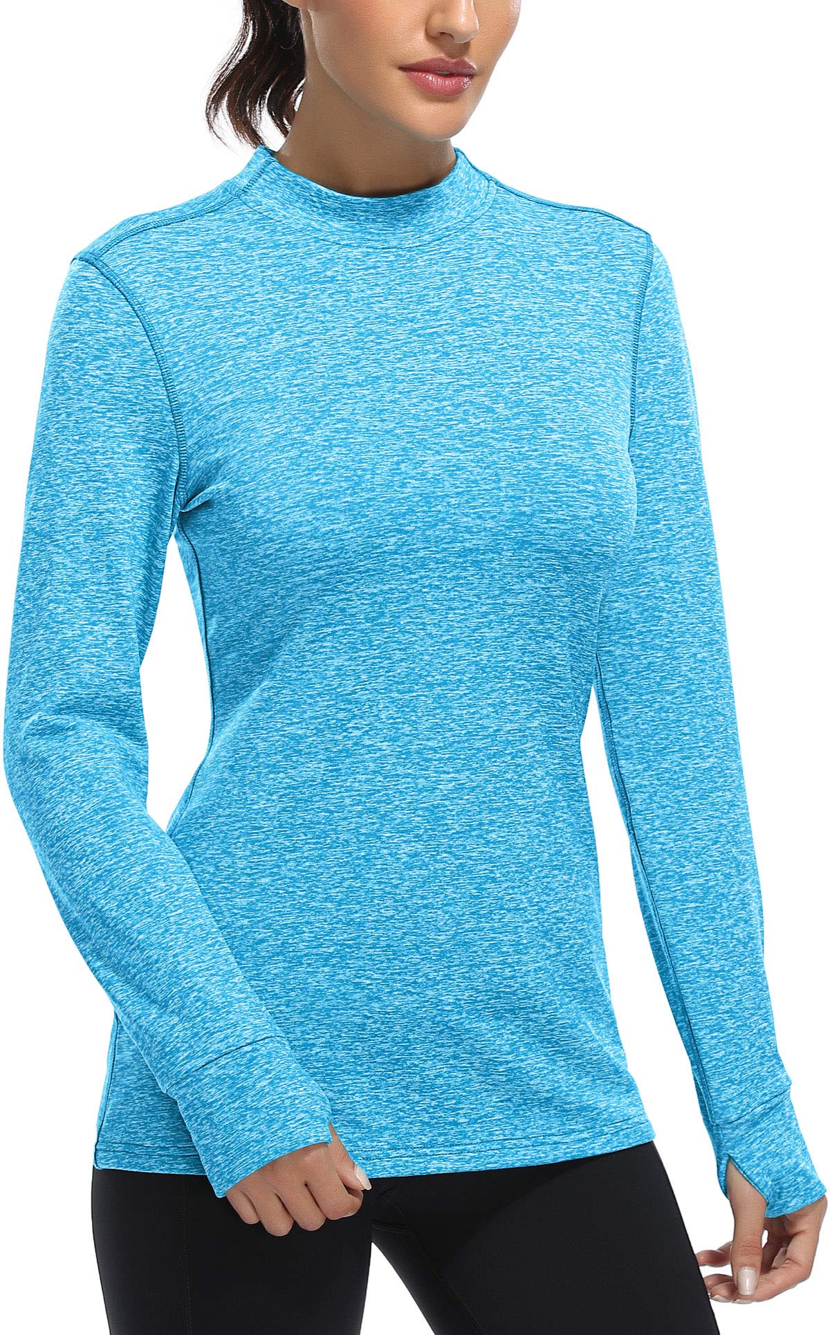 Fulbelle Thermal Fleece Lined Workout Warm Shirts Women, Mock Neck Thumb Holes Running Tops,Long Sleeve Ladies Exercise Athletic Running Gym Fitness Yoga Sweatshirts Winter Clothes Blue X-Large