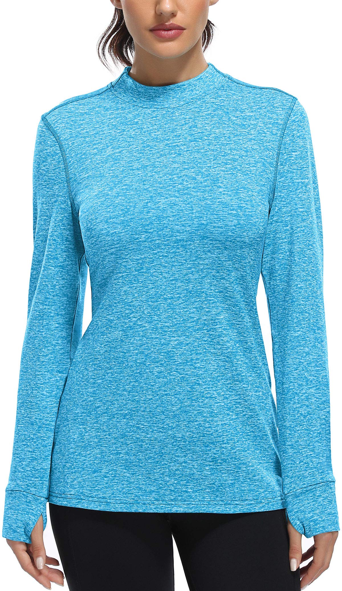 Fulbelle Thermal Fleece Lined Workout Warm Shirts Women, Mock Neck Thumb Holes Running Tops,Long Sleeve Ladies Exercise Athletic Running Gym Fitness Yoga Sweatshirts Winter Clothes Blue X-Large