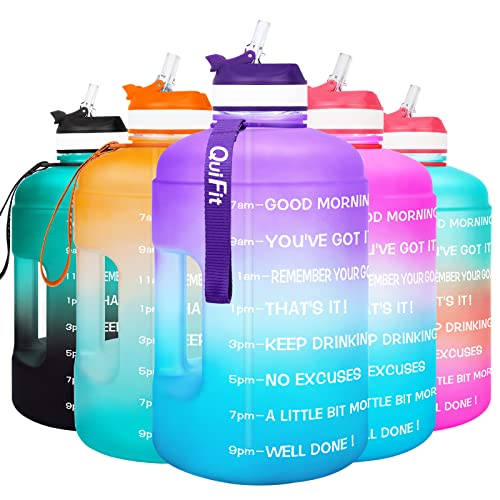 QuiFit Motivational Gallon Water Bottle - with Straw & Time Marker BPA Free Large Reusable Sport Water Jug with Handle for Fitness Outdoor Enthusiasts Leak-Proof (Purple/Blue,1 gallon)