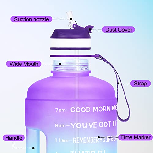 QuiFit Motivational Gallon Water Bottle - with Straw & Time Marker BPA Free Large Reusable Sport Water Jug with Handle for Fitness Outdoor Enthusiasts Leak-Proof (Purple/Blue,1 gallon)
