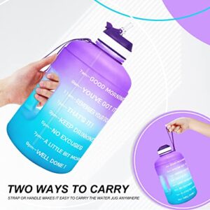 QuiFit Motivational Gallon Water Bottle - with Straw & Time Marker BPA Free Large Reusable Sport Water Jug with Handle for Fitness Outdoor Enthusiasts Leak-Proof (Purple/Blue,1 gallon)