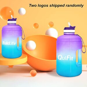 QuiFit Motivational Gallon Water Bottle - with Straw & Time Marker BPA Free Large Reusable Sport Water Jug with Handle for Fitness Outdoor Enthusiasts Leak-Proof (Purple/Blue,1 gallon)