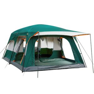 ktt extra large tent 10-12 person(b),family cabin tents,2 rooms,straight wall,3 doors and 3 windows with mesh,waterproof,double layer,big tent for outdoor,picnic,camping,family gathering(green)