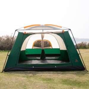 KTT Extra Large Tent 10-12 Person(B),Family Cabin Tents,2 Rooms,Straight Wall,3 Doors and 3 Windows with Mesh,Waterproof,Double Layer,Big Tent for Outdoor,Picnic,Camping,Family Gathering(Green)