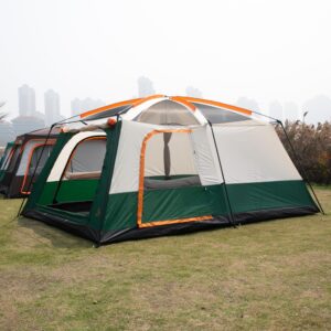 KTT Extra Large Tent 10-12 Person(B),Family Cabin Tents,2 Rooms,Straight Wall,3 Doors and 3 Windows with Mesh,Waterproof,Double Layer,Big Tent for Outdoor,Picnic,Camping,Family Gathering(Green)