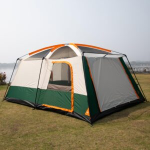 KTT Extra Large Tent 10-12 Person(B),Family Cabin Tents,2 Rooms,Straight Wall,3 Doors and 3 Windows with Mesh,Waterproof,Double Layer,Big Tent for Outdoor,Picnic,Camping,Family Gathering(Green)