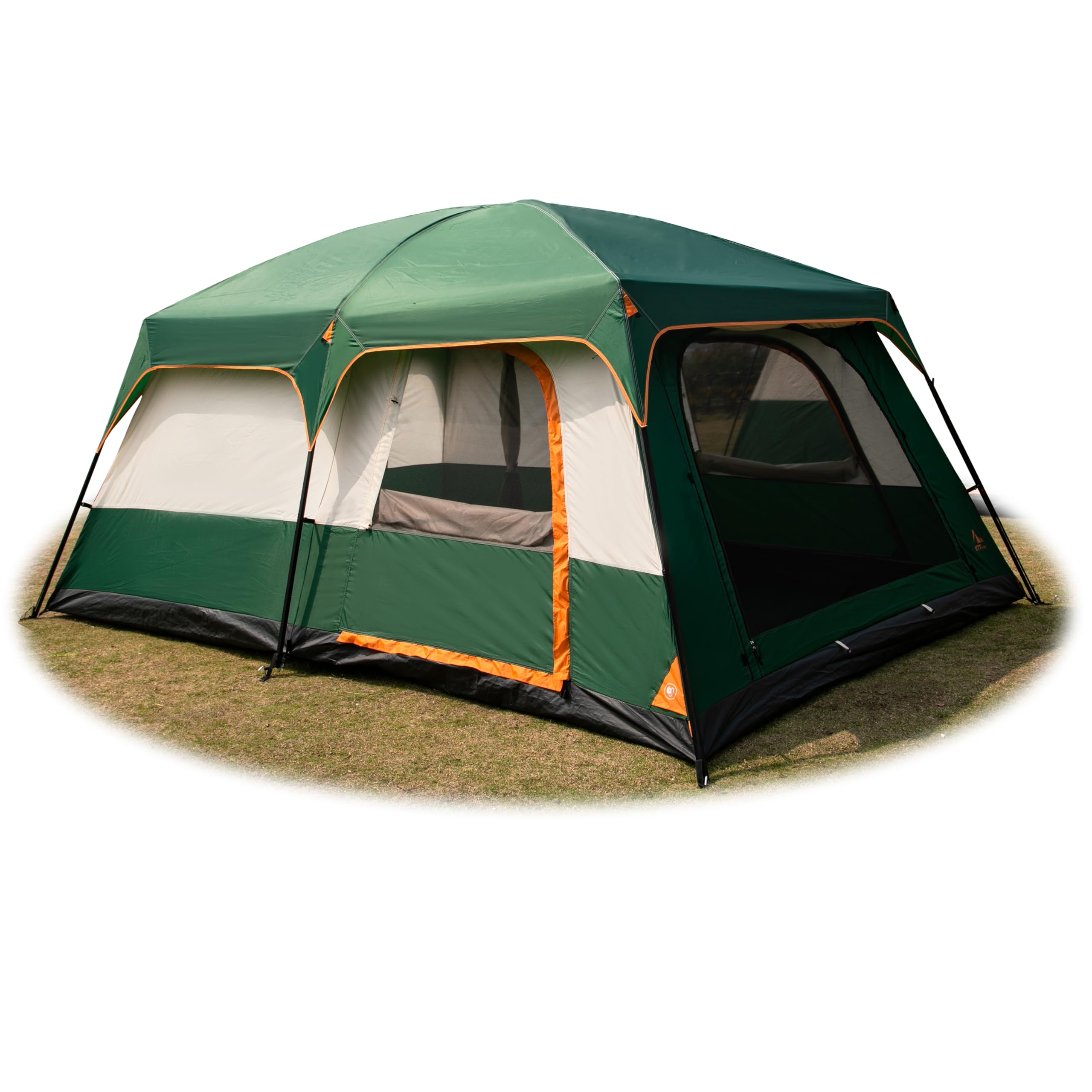 KTT Extra Large Tent 10-12 Person(B),Family Cabin Tents,2 Rooms,Straight Wall,3 Doors and 3 Windows with Mesh,Waterproof,Double Layer,Big Tent for Outdoor,Picnic,Camping,Family Gathering(Green)