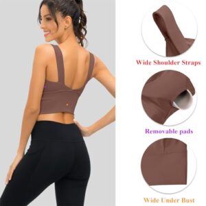 SIGNEALA Sports Bra for Women Longline - Wide Strap Workout Crop Top - V Neck Wirefree Bras for Yoga Gym Mocha Brown