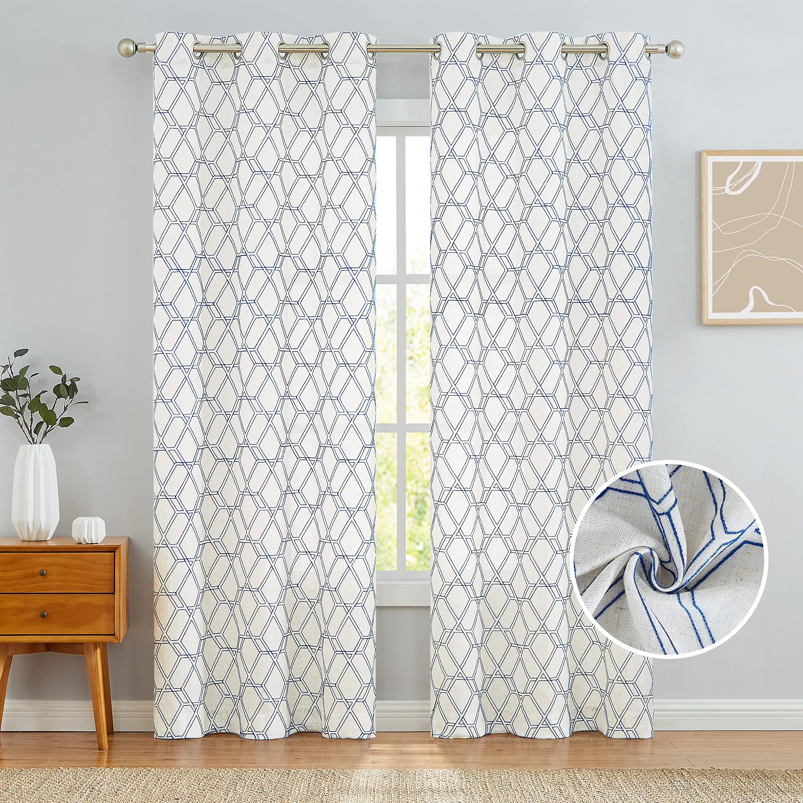 WEST LAKE Boho Geometric Semi Sheer Curtain Panels 84 Inch Blue Beige Natural Bohemia Geometric Embroidery Contemporary Lattice Grommet Farmhouse Window Treatment Drapes Living Room Bedroom 40”x84”x2