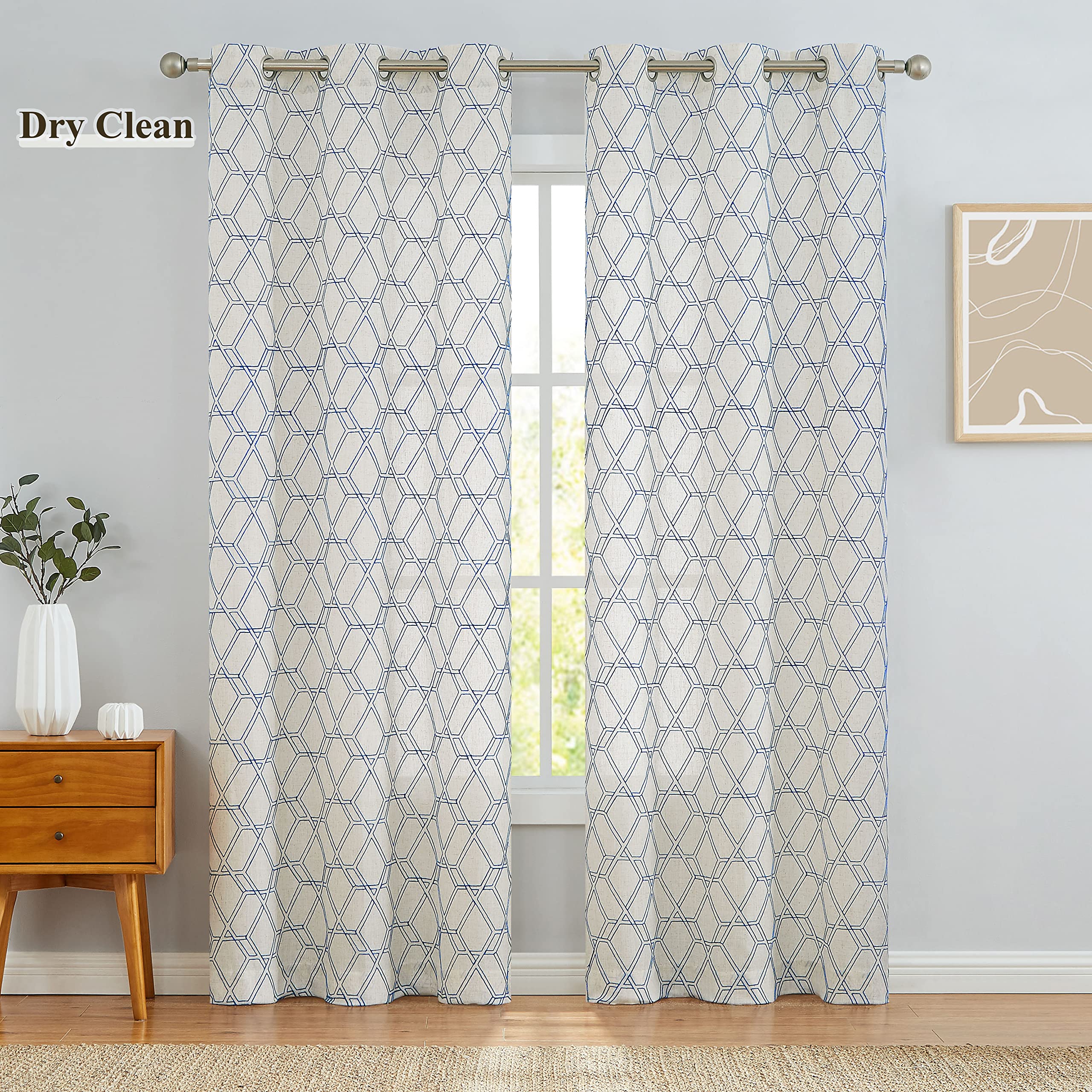 WEST LAKE Boho Geometric Semi Sheer Curtain Panels 84 Inch Blue Beige Natural Bohemia Geometric Embroidery Contemporary Lattice Grommet Farmhouse Window Treatment Drapes Living Room Bedroom 40”x84”x2