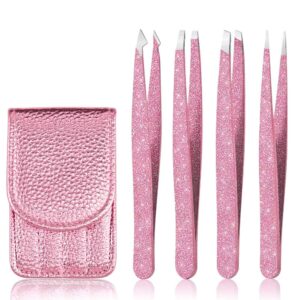 Tweezers Set 4-piece,Professional Stainless Steel Slant Tip and Pointed Craft Tweezers with Leather Case-Precision for Eyebrows,Ingrown Hair,Facial Hair,Blackhead and Lash Extension (Rose Gold)