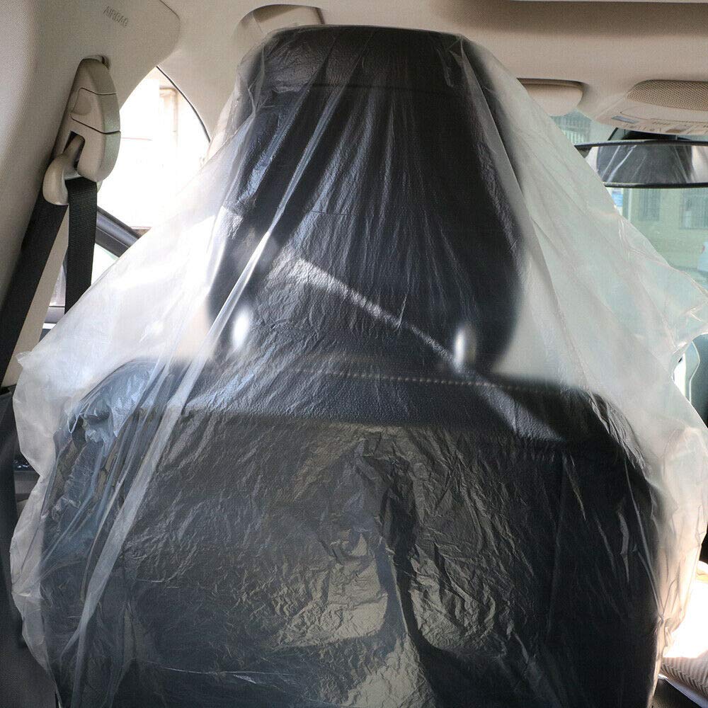 HappyBeeYo 100PCS Universal Car Disposable Plastic Seat Cover 3.2 Pounds,Mechanic Valet Clear Protective Films Waterproof Oil-Proof Dust-Proof 59"x 31.5"