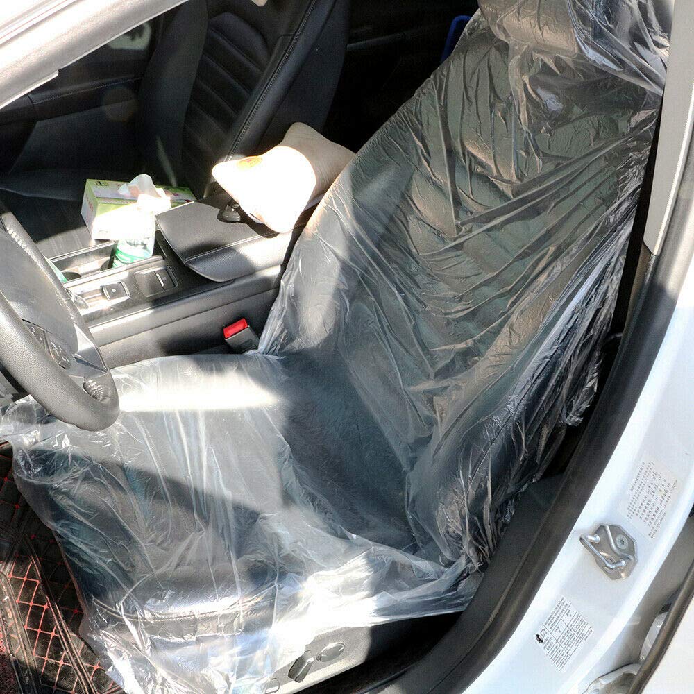 HappyBeeYo 100PCS Universal Car Disposable Plastic Seat Cover 3.2 Pounds,Mechanic Valet Clear Protective Films Waterproof Oil-Proof Dust-Proof 59"x 31.5"