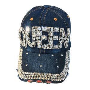 popfizzy bling queen hat for women, bling bling rhinestone denim hat, distressed baseball cap, bejeweled bedazzled ball cap
