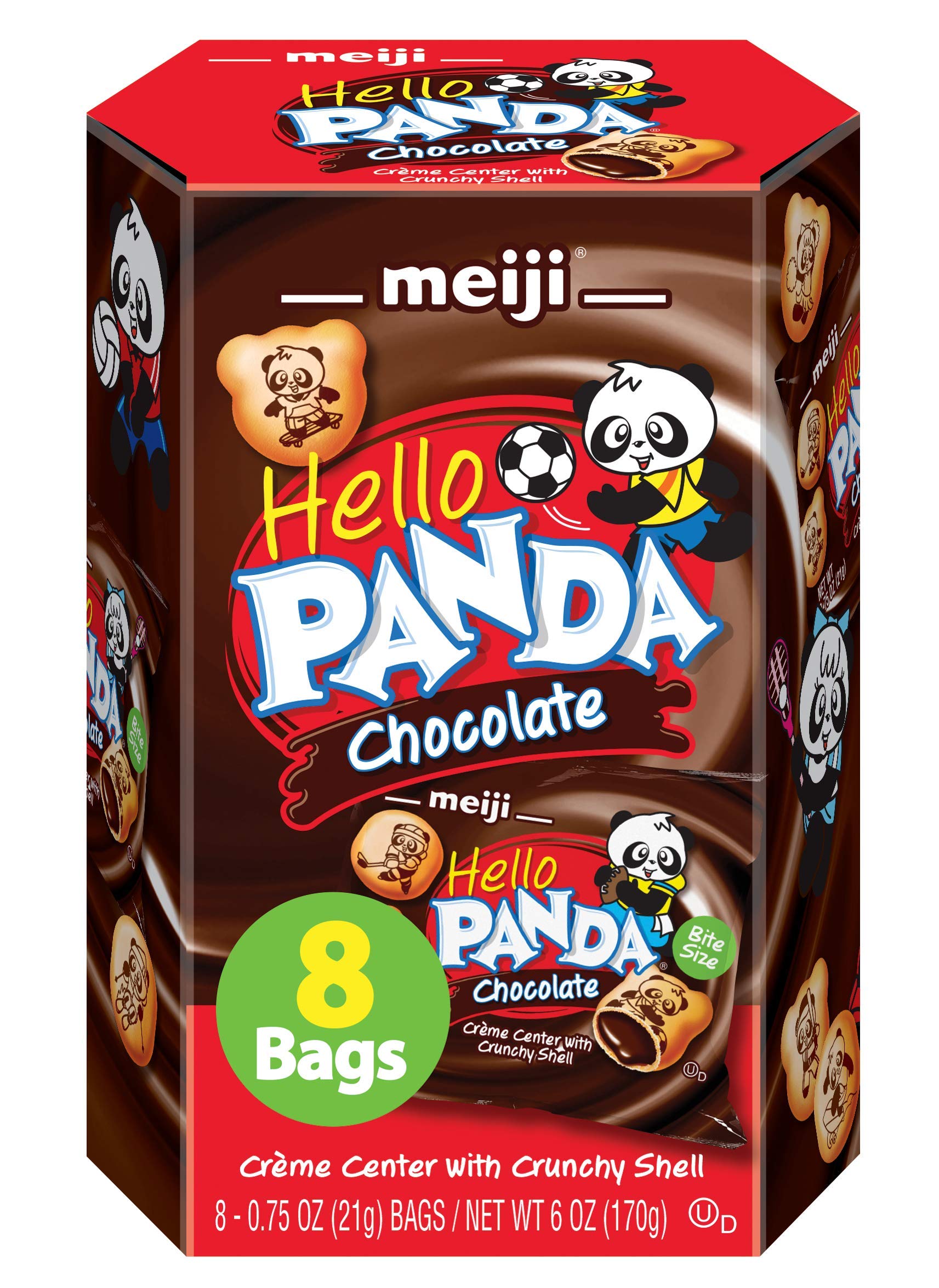 Meiji Hello Panda Cookies, Chocolate Crème Filled - 6 oz, Pack of 8, 64 Bags Total - Bite Sized Cookies with Fun Panda Sports