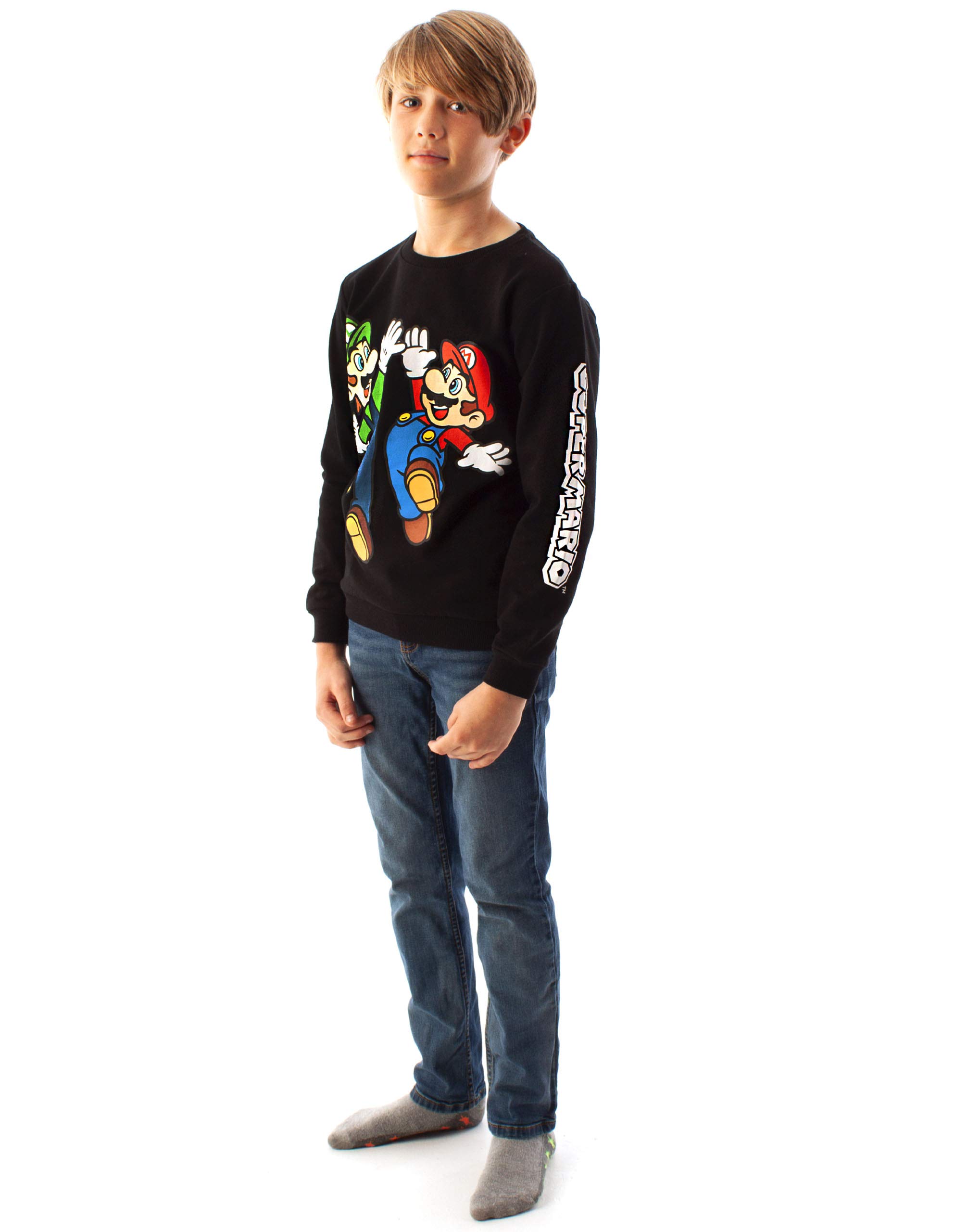 Super Mario Sweatshirt Luigi Character Gamers Black Long Sleeve Kids Boys Jumper 11-12 Years