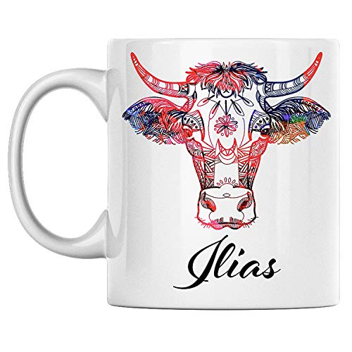 4Ink Personal Cow Mug Name Ilias White Ceramic 11 Oz Coffee Mug Printed on Both Sides Perfect for Birthday For Him, Her, Boy, Girl, Husband, Wife, Men, and Women