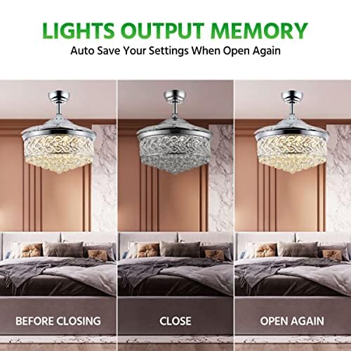 42 Inch Chandelier Crystal Ceiling Fan with Light Remote Dimmable Fandelier Ceiling Fan with Light Color Change 6 Speed Retractable Blades Ceiling Fan Light for Bedroom Indoor Living Room Chrome