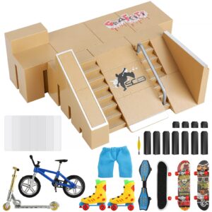 DaCool Skate Park Kit 16Pcs Fingerboard Ramp Decks Finger Skateboards Swing Board Mini Finger Toys Bikes Skates Scooter Multiple Skate Park Model for Finger Skateboard Training Educational and Fun