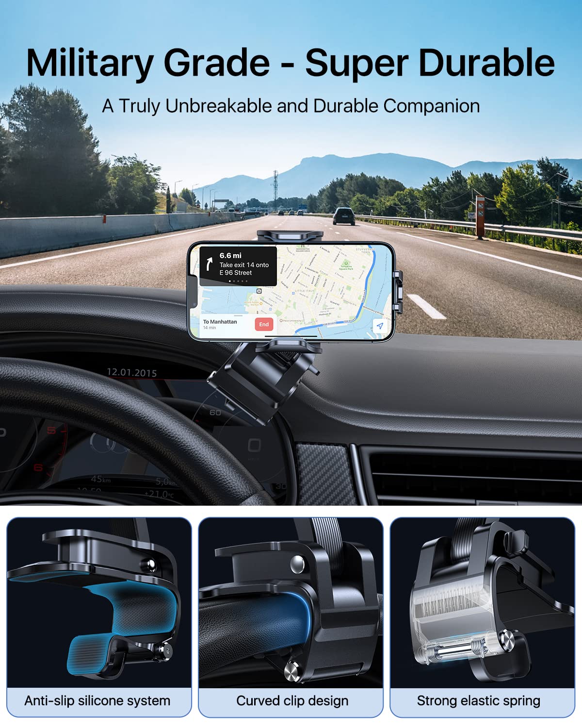 andobil Universal Car Phone Clip Holder [Military Sturdy, Firmly Grip & Never Slip] Ultra Stable Dashboard Cell Phone Mount for Car Dash Fits All iPhone 15 14 13 12 Pro Max Android Samsung GPS Devices