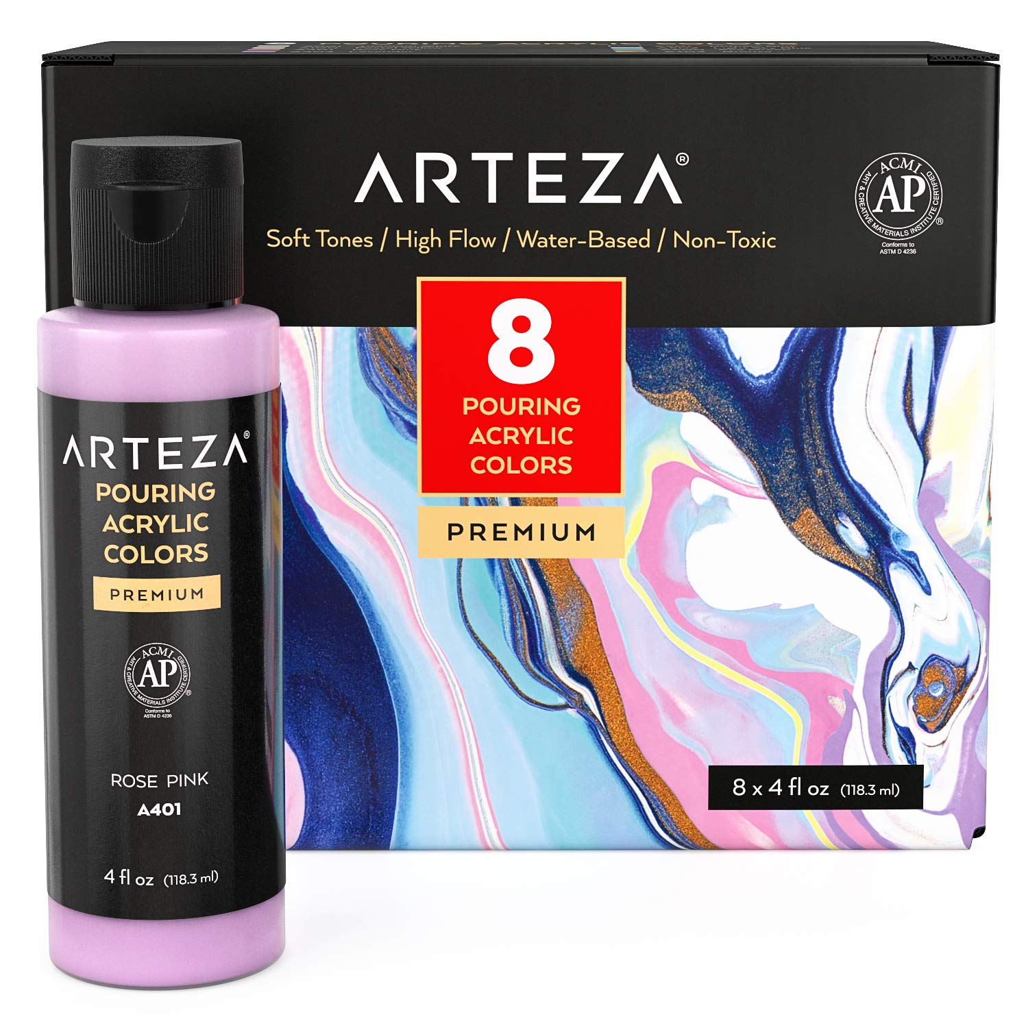 ARTEZA Acrylic Pouring Paint Set, 8 Pastel Colors, 4 oz Bottles, High-Flow Paint, No Mixing Needed, Art Supplies for Canvas, Glass, Paper, Wood, Tile, and Stones