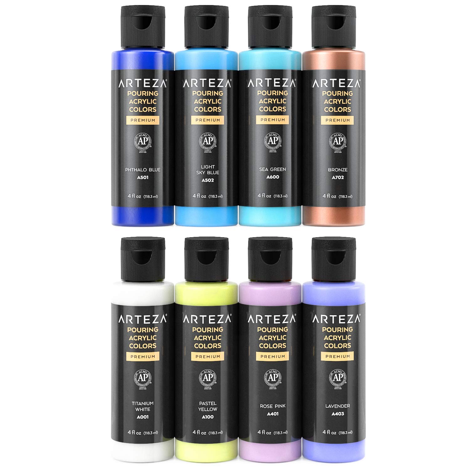 ARTEZA Acrylic Pouring Paint Set, 8 Pastel Colors, 4 oz Bottles, High-Flow Paint, No Mixing Needed, Art Supplies for Canvas, Glass, Paper, Wood, Tile, and Stones