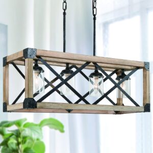 log barn dining room lighting fixtures hanging, 4-light farmhouse chandelier, 27.5" rectangular chandelier with clear glass shades