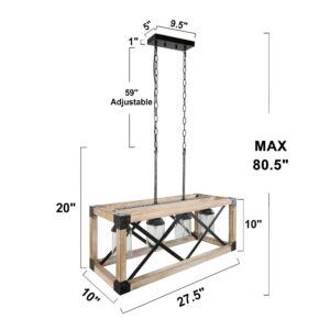 LOG BARN Dining Room Lighting Fixtures Hanging, 4-Light Farmhouse Chandelier, 27.5" Rectangular Chandelier with Clear Glass Shades