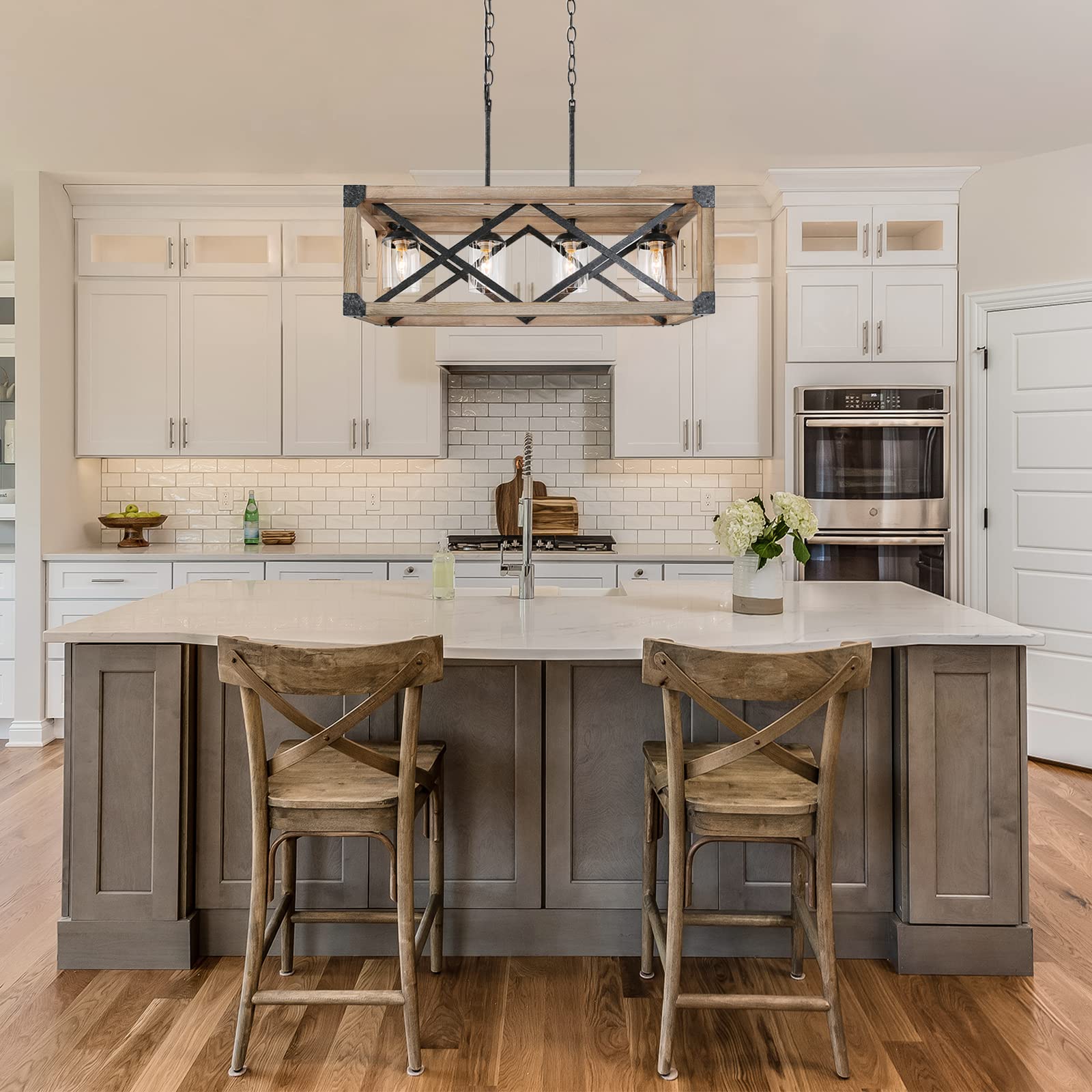 LOG BARN Dining Room Lighting Fixtures Hanging, 4-Light Farmhouse Chandelier, 27.5" Rectangular Chandelier with Clear Glass Shades