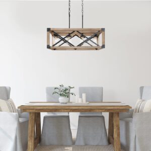 LOG BARN Dining Room Lighting Fixtures Hanging, 4-Light Farmhouse Chandelier, 27.5" Rectangular Chandelier with Clear Glass Shades