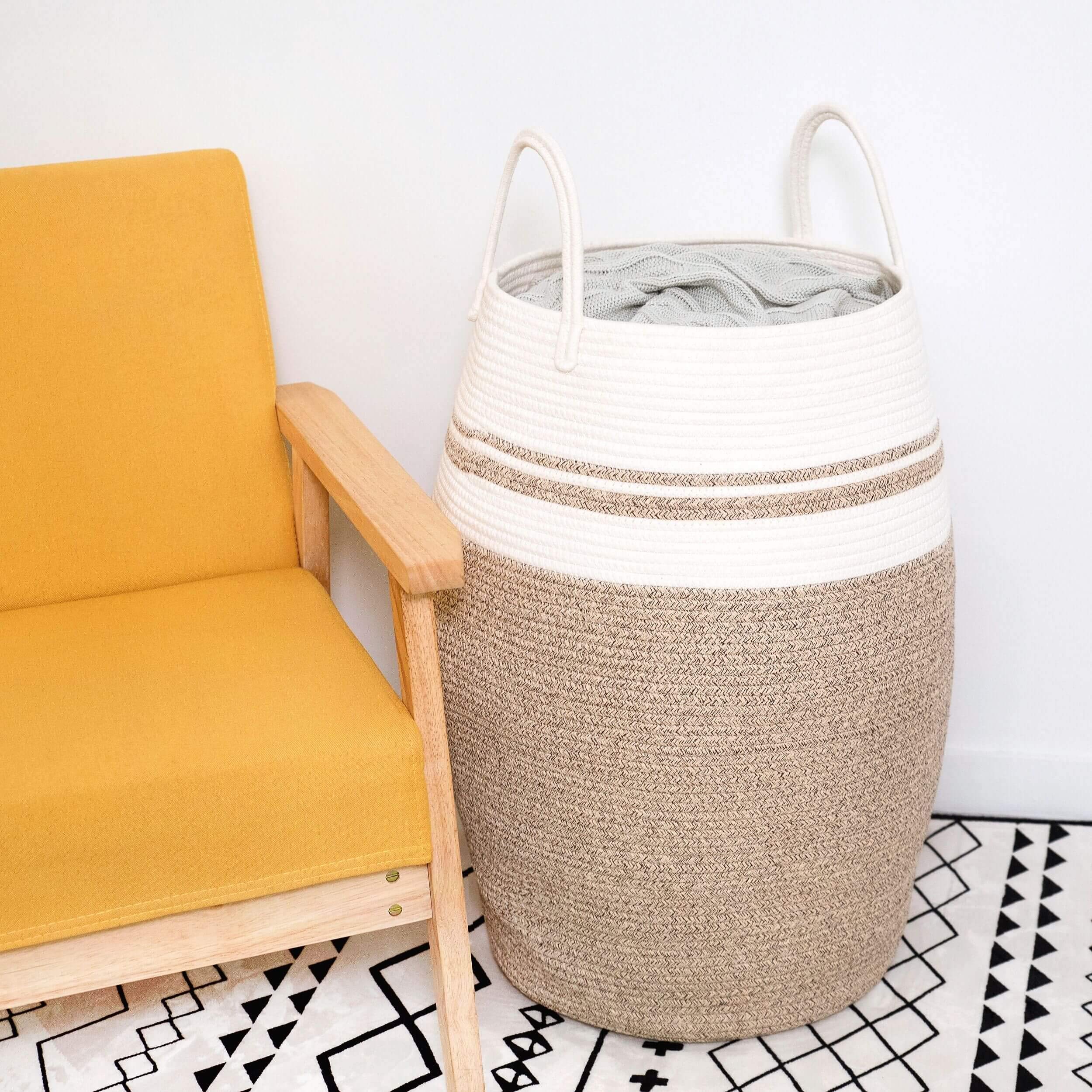 MINTWOOD Design Extra Large 25.6 Inches High Decorative Woven Cotton Rope Basket, Tall Laundry Hamper with Handles, Blanket Basket Living Room, Storage Baskets for Toys, Throws, Pillow, Towel, Brown