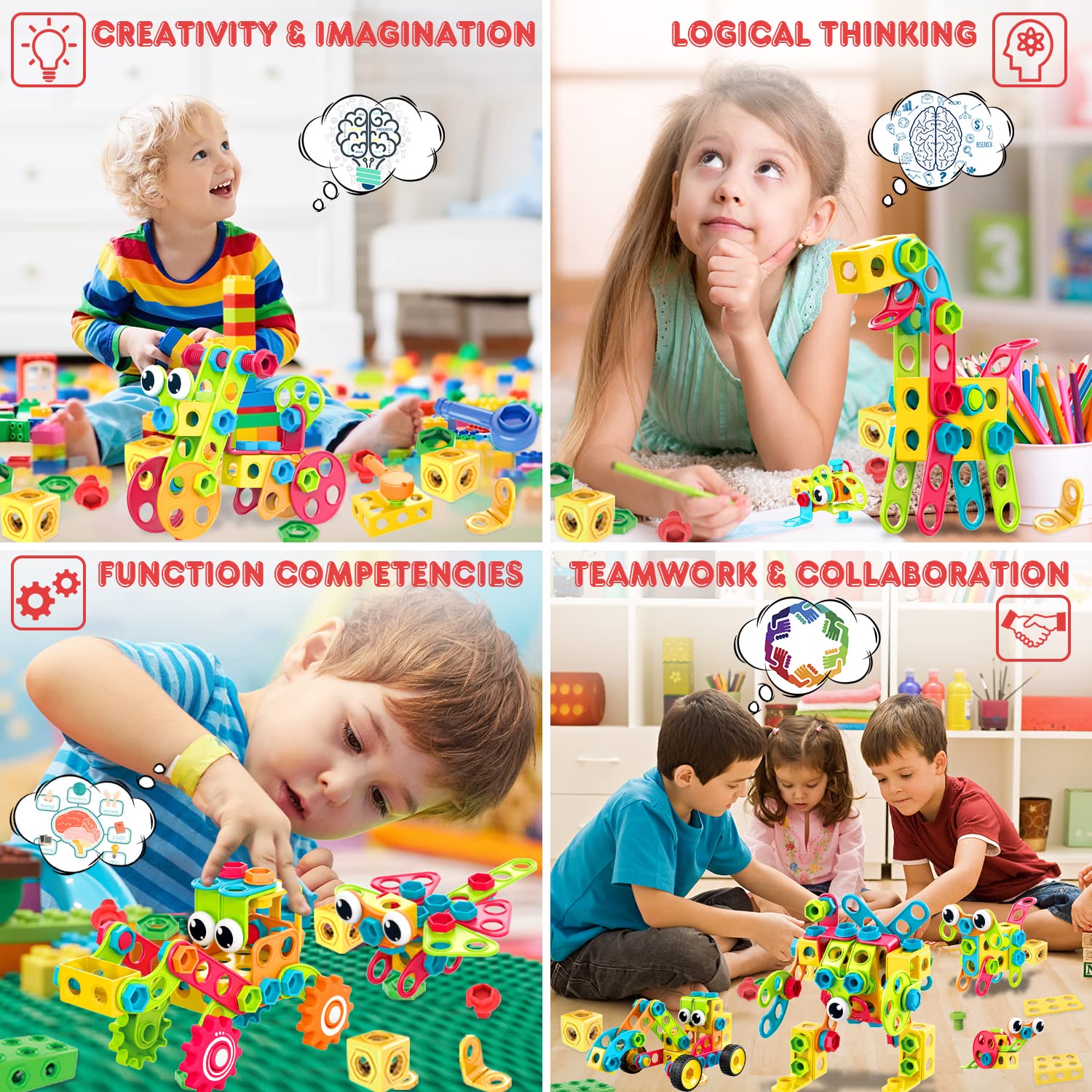 NXONE 195 PCS Educational STEM Toys for Boys and Girls Ages 3 4 5 6 7 8 9 10 Construction Building Blocks Toy Building Sets Kids Toys Creative Activities Games with Storage Box