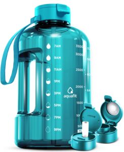 aquafit 1 gallon water bottle with time marker - straw & chug lid - big water bottle with straw - bpa free gym water bottle with handle - gallon water jug (128 oz - 2 lids, aqua)