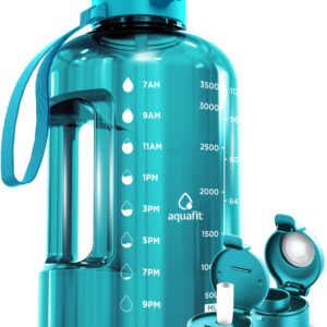 AQUAFIT 1 Gallon Water Bottle With Time Marker - Straw & Chug Lid - Big Water Bottle With Straw - BPA Free Gym Water Bottle With Handle - Gallon Water Jug (128 oz - 2 Lids, Aqua)